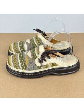 Born Aztec Wool Leather Mules Womens 7 Green Gray Cream Slip On Casual Comfort